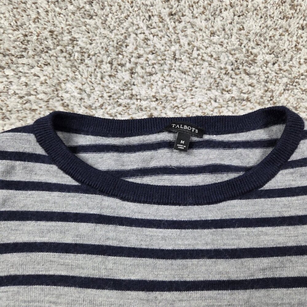 Talbots Sweater Dress Women's Medium Wool Blend Olive Gray Striped Midi 3/4 Slv - Picture 2 of 8
